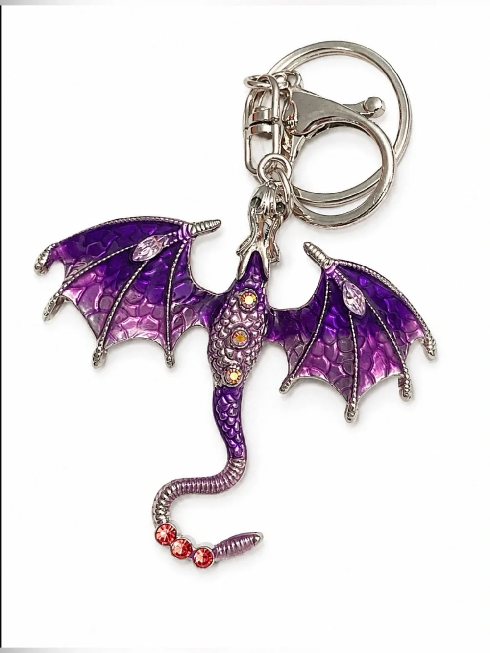 Dragon Bag Charm Keychain with Key Ring for Purse Handbag Purple Rhinestone New